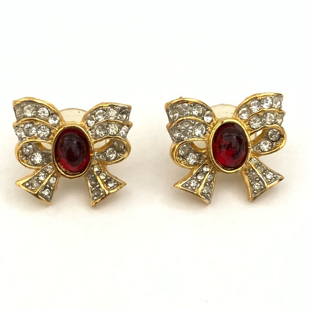 Vintage RICHELIEU Rhinestone Gold tone and Red Bow Earrings